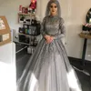 2020 Арабский Aso Ebi Мусульманские роскошные серые свадебные платья кружева с бисером свадебные платья с длинными рукавами свадебные платья ZJ355