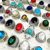 Fashion 30 Pieces/lot Turquoise Band Rings Jewelry Large Size Crystal Antique Silver Natural Stone Ring Womens Men Party Gift
