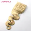 Brasilianisches Echthaar, blond, Spitzenverschluss mit Babyhaar, gebleichte Knoten, 4x4-Spitzenverschluss, glamourös, 613, gerade, gewellt, Spitze, Clo3498774