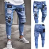 Novo jeans skinny masculino casual motociclista jeans rasgado hiphop calças rasgadas lavadas remendadas danificadas jeans slim fit streetwear