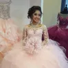 Newest Princess Pink Ball Gown Quinceanera Dresses Bateau Long Sleeve Hollow Back Cascading Ruffles Appliques Prom Party Gowns For Sweet 16