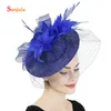Kraliyet Mavi Keten Şapkalar Yüz Peçe ile Zarif Kadın Parti Şapkalar Tüyler Fascinatior Gelin Düğün Saç Aksesuarları H392