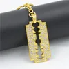 Fashion-p Hop Style Razor Blade Pendant Necklace Alloy Gold Color Iced Out Rhinestones With 70cm Chain Necklace For Men Christmas Gift