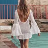 New Summer Swimsuit Lace Hollow Crochet Beach Bikini Cover Up Manica lunga Donna Top Costumi da bagno Abito da spiaggia Camicia da spiaggia bianca