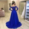 Sexy Royal New Blue A Line Formal Prom Dresses Bateau Neck Lace Tulle Illusion Zipper Back Pageant Sweep Train Evening Dress