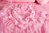 Roze Kant Prinses Bruiloft Luxe Beddengoed Set King Queen Size Zijde Katoen Vlek Bed set Dekbedovertrek Sprei Kussensloop T200326