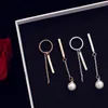 Wholesale-New trendy fashion luxury designer Asymmetry pearl long geometric pendant dangle chandelier stud earrings for woman