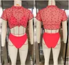 Sexy High Waist Red Swimwear Women Swimsuits Ladies Cropped Three Pieces Bikini Set Printing Bathing Suit