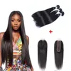 Brazilian Straight Human Hair Weaves 3 Bundles With 2x6 Kardashian Lace Closure Double Weft Dyeable Bleachable 100g/pc