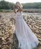 2020 빈티지 나라 웨딩 드레스 A 라인 레이스 패치 워크 얇은 명주 그물 스파게티 스트랩 오프 숄더 반팔 웨딩 신부 드레스