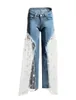 Lace Mesh Spliced Denim Pants Women Casual Star Print Sexy Burr Perspective Long Women Jean Elegant Outwear Loose Pants