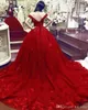 Long Sexy Red Ball Gown Quinceanera 2019 Spaghetti Straps Lace Appliques Sweep Train Pleats Tiered Tulle Prom Dresses