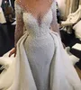 2022 Major Pearls Mermaid Wedding Dresses Sheer Crew Neck Long Sleeves See THrough Wedding Gowns With Removable Train Bridal Dress CPH056