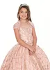 2022 Bling Rose Gold Mini Quinceanera Pagant Klänningar för små tjejer Glitter Tulle Jewel Rhinestones Beaded Party Dress Toddler Flowers