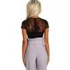 Combinaisons pour femmes barboteuses maille noire dentelle transparente Body à manches courtes femmes col rond maigre combinaison de corps Femme Romper313f