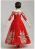 Red And Gold Lace Girls Pageant Dresses Off Shoulder Sleeves Zipper Flower Girl Dress Toddler Prom Evening Gowns Formal Party Bridal