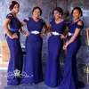 2020 Novo Royal Azul Azul Vestidos de Promoção de Longo Com Mangas Curtas Beading Mulheres Africanas Mulheres Sereia Própria de Vestidos de Honra Vestidos