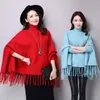 Vår Höst Nya Kvinnor Elegant Socialite Cashmere Tassel Cardigan Tröjor Batwing Sleeves Turtleneck Cape Outwear Sticka Poncho