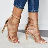 Hot Sale Sexy Gold Multi Strappy Stiletto Heels Glitter Rhinestone Sandals Kvinnor Designer Sandaler Bröllop Skor Storlek 35 till 42