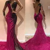 Prachtige fuchsia lovertjes zeemeermin prom jurken schede een schouder Backless Sweep Train pailletten Sexy Sparkly Formal Farty -jurken