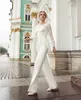 Elegante jumpsuits kant moeder van de bruid broek pakken juweel lange mouwen chiffon bruiloft gasten jurk bruidegasten moeder van de bruid jurken