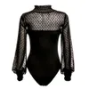 New 2019 Summer Bodysuit Women Sexy Neck Patchwork Long Sleeve Back Ladies Lace Mesh Bodysuit Transparent Tops