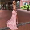 Długie rękawy Wysokiej szyi Koronki Mermaid Prom Dresses 2022 Black Girls Lace Aplikacja Split Backless Sweep Pociąg Suknie Wieczorowe