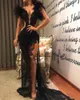 2020 Nieuwe Black Lace Prom Dress Split Formal Party Pageant Wear Shathed Feather Avondjurken Sexy V-hals Zien tot 1472