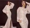 Yeni Yeni Mermaid Aplikler Ön Yarık yüksek boyun Şeftali Balo Arapça Suudi Arabistan Uzun Kollu Müslüman düğmeler Abiye parti elbiseler