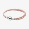 100% 925 Sterling Silver Moments Double Black Pink Leather Armband Chain Classic Round Clasp Fashion Women Wedding Engagement J193s