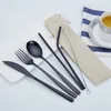 7 stks 1 set roestvrij stalen bestek set mes vork lepel stro met doek pack keuken servies servies kit ljjk1842