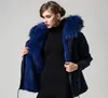 Cappotti da neve da donna di marca Meifeng stile corto Mini parka blu navy foderato in pelliccia di coniglio blu royal con felpa con cappuccio in pelliccia di procione