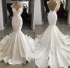Sheer Neck Lace Mermaid Wedding Dresses Satin Applique Beaded Seen Through Back Sweep Train Wedding Dress Bridal Gowns Vestidos De Noiva
