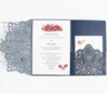 Elegant kortinbjudan Anpassad Pocket Tri Folding Business Invitation Card White Blue Flower Laser Cutting (inget inre inget kuvert)