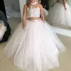 2020 New Flower Girls Dresses Halter Neck Lace Appliqued Crop Top A Line Ivory and Pink Sexy Two Pieces Little Girls Pageant Dress6521114