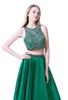 Schulterfreies, dunkelgrünes, mit Perlen besetztes 2-teiliges Ballkleid 2024, bodenlanges Ballkleid, modisches Partykleid