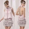 Great Gatsby Krótkie sukienki koktajlowe z piórem Wysokiej szyi świecące Zroszony Backless Pink Prom Party Strona Gowns Plus Size Homecoming Sukienka