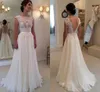 2022 Koronki Szyfonowa Suknia Ślubna Długa A-Line Bateau Ruched Backless Beach Suknia Bridal Plus Size Custom Made Country Western Vestidos de Novia