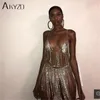 Akyzo Sexy Metal Chain Silver Rhinestone Klänning Kvinnor Sommar Tassel Sequins Sparkling 2 Två Piece Luxury Nightclub Party Dress Y19073101