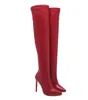 Modische, luxuriöse Overknee-Oberschenkelhohe Stiefel aus weichem PU-Leder, spitze High Heels, Damen-Winterstiefel, Rot, Schwarz, Größe 35 bis 40