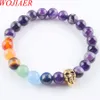 WOJIAER 7 Chakra Teschio Fantasma Testa Polso Filo Bracciale elasticizzato Pietra naturale Braccialetti Yoga per uomo Amico Regalo 7 pollici Gioielli BK326