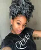 Afro Kinky Curly Drawstring Ponytail High Puffs Drawstring Bun 2 Clips In Hair Pieces Donut Chignon Kort lockigt mänskligt grått hår för kvinnor