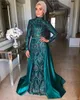 Muslimska kvällsklänningar med avtagbar kjol High Neck Lace Appliques Beaded Satin Sweep Train Långärmad Formell Occasion Grows Prom Dress