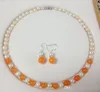 Natural 7-8mm White Pearl/Tibet silver/Orange Jade necklace earrings set