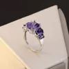 OMHXZJ Цельные европейские кольца с тремя камнями, модные женские и мужские свадебные подарки, серебряное фиолетовое кольцо с аметистом из стерлингового серебра 925 пробы R7077373