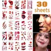 30 Sheets/set Halloween Tattoo Sticker Bloody Scar Sticker Temporary Tattoo Masquerade Prank Makeup Props Party Cosplay Costume KDJK1909