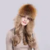 Chapeau de bombardier en vraie fourrure de raton laveur naturel pour femmes russes, couvre-oreilles épais et chaud, casquette en cuir véritable