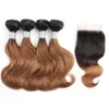 1b 30 Ombre Bruin Body Wave Haarbundels met Sluiting 50g / Bundel 10-12 Inch 4 Bundels Braziliaanse Remy Human Hair Extensions