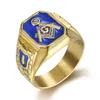 18K 24K Guldplätering 316 Rostfritt stål Masonic Freemason Signet Rings Dark Blue Lodge Emamel Fraternal Mason Rings smycken för män