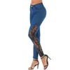 Women Jeans Plus Size Sheer Lace Side Low Waist Jeans Slim Casual Skinny Lace Panel Pencil Denim See Through Pants